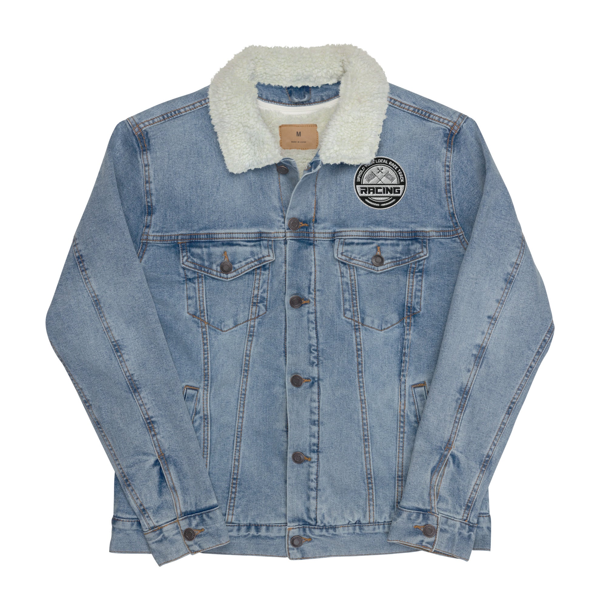 CAR RACING FLAGS DENIM SHERPA JACKET