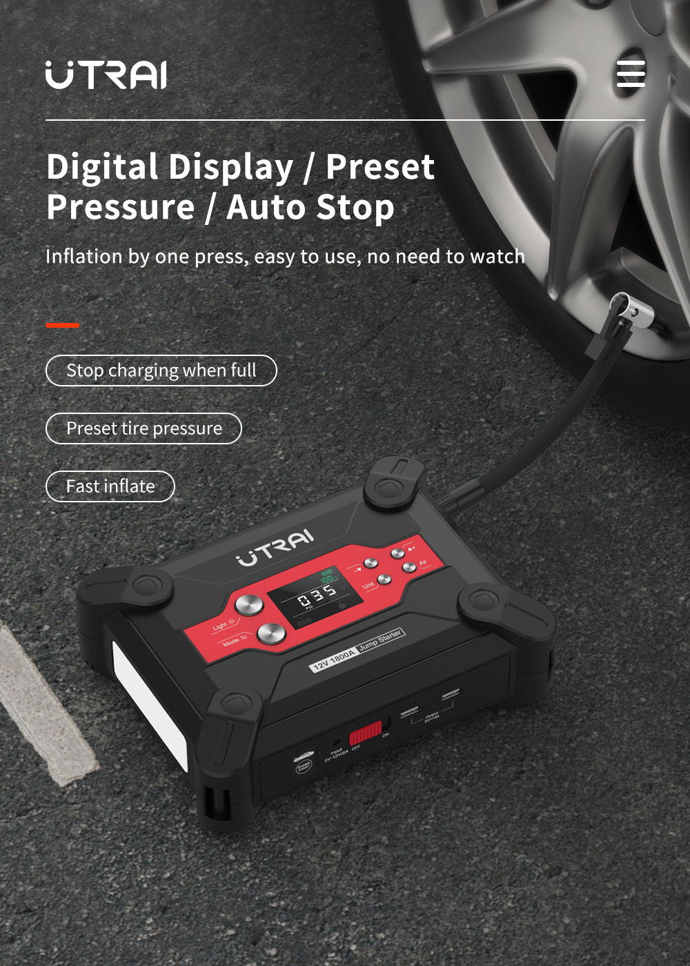 1800A Car Battery Starter with 120PSI Digital Tire Inflator